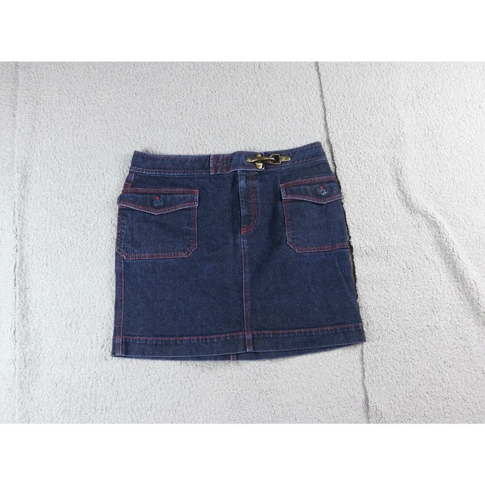 LAUREN JEANS CO Ralph Lauren Denim Skirt 12 Brass Clasp Red Stitching Pockets